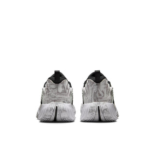 Youth basketball shoes, heel view with black collar and white/gray marbled uppers