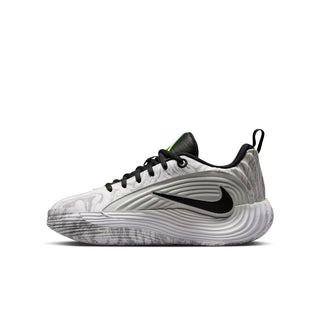 Youth basketball shoe side view, white/gray marbled with black swoosh and neon green