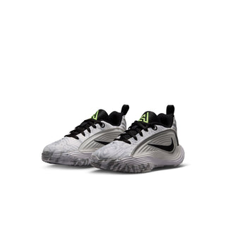 Kids basketball sneakers, side-by-side view, gray/white upper with black and neon green details