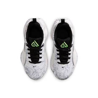 Kids sneakers, front view: white-and-gray patterned toe with black laces and neon logo on tongue