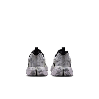 Kids sneakers, heel view: gray/white back with black collar and cushioned sole detailing