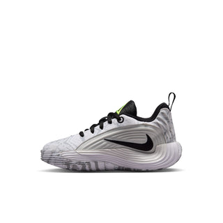 Kids basketball sneakers side angle: white/gray upper, black swoosh, neon green accent mark