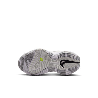 Kids sneakers outsole and heel view: gray/white tread with black and neon logo details