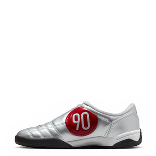 Metallic silver women’s lace-up sneaker with red '90' heel panel and black sole