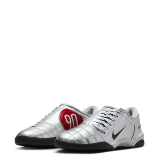 Metallic silver women’s lace-up sneakers with red '90' heel patch and side swoosh