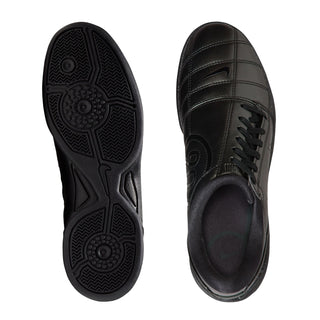 Women's T90 black sneaker outsole bottom and side profile, textured rubber tread.
