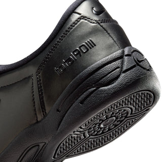 Close-up of women's black sneaker midsole and outsole traction tread