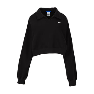 Women's black fleece polo sweatshirt with collar and Nike swoosh