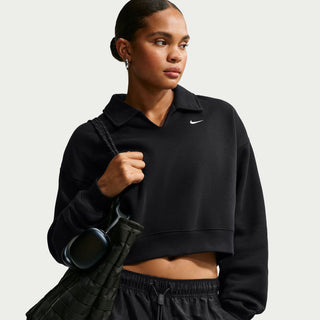 Women's black fleece polo sweatshirt, long sleeves, Nike swoosh at chest