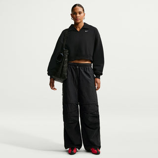 Women's black fleece polo sweatshirt, relaxed fit with polo collar and swoosh