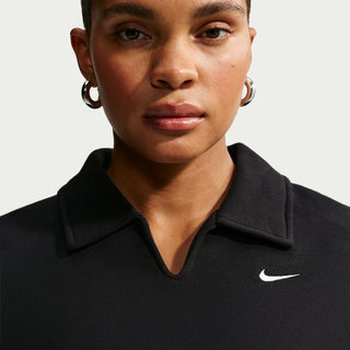 Women's black fleece polo sweatshirt close-up: collar, placket, Nike swoosh