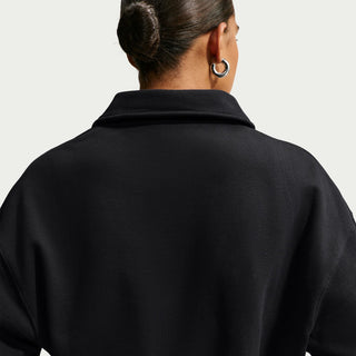 Women's black fleece polo sweatshirt back neck with relaxed collar