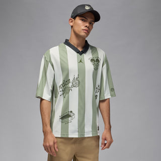 Men's goalie top in light green and white stripes with black collar and short sleeves