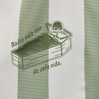 Men's goalie top close-up: green goalie bed graphic with net and text on panel