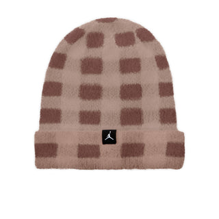 Fuzzy beanie with brown-and-cream geometric blocks and black logo patch