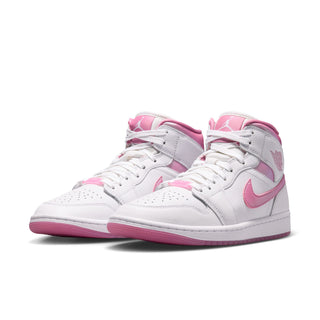 Air Jordan 1 mid-top sneakers, white leather with pink Swoosh and side panels