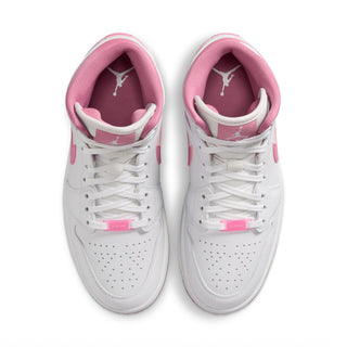 Air Jordan 1 mid-top sneakers, white uppers with pink lining and tongue Jumpman patch