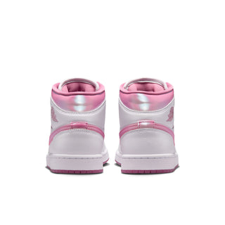 Air Jordan 1 mid-top sneakers, white leather with pink heel tab and pink outsole
