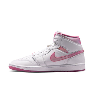 Air Jordan 1 mid-top sneakers, white leather with pink Swoosh and pink collar