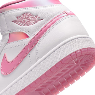 Air Jordan 1 mid-top sneakers close-up, white leather with pink stripe and AIR JORDAN logo