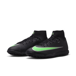 Men's black high-top turf football boots with green swoosh and textured upper