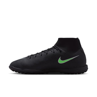 Men's black ankle-height turf football boots with green swoosh and studs