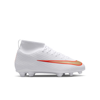 Youth soccer cleats, white with orange Nike swoosh, FG/MG studs