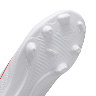 Youth soccer cleats, outsole close-up, white stud pattern for firm ground