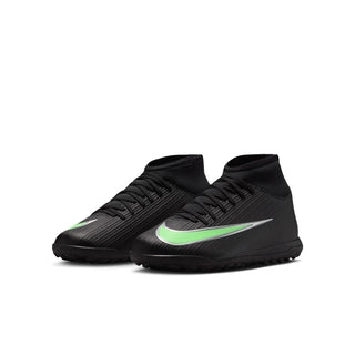 Youth high-top turf soccer cleats, black upper with neon green accents