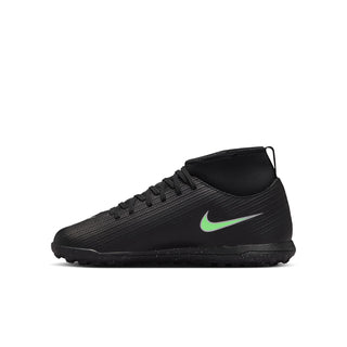 Youth soccer cleats, black textured upper with neon green Swoosh