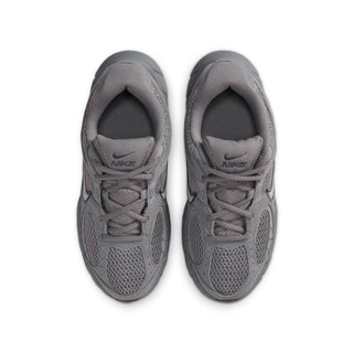 Pair of youth dark gray sneakers with mesh uppers and padded tongue openings