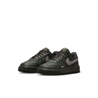 Kids low-top lace-up sneaker, side-by-side view, dark green with gray swoosh