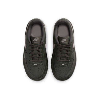 Kids low-top lace-up sneaker pair, dark green uppers with lace-up closure