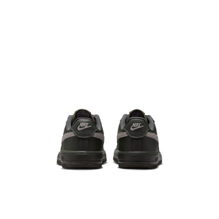 Kids low-top lace-up sneaker pair, heel view, dark green with gray accents