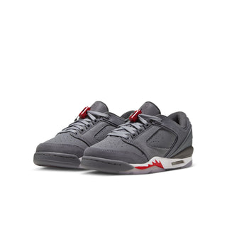 Youth low-top sneakers, cool gray with red side spikes and padded tongue