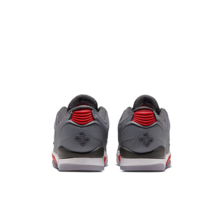 Back view of youth low-top sneakers in cool gray with red heel vent details
