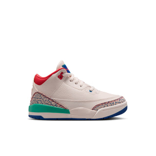Kids retro sneakers in off-white with red collar and green-and-blue accents