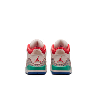 Kids retro sneakers, heel view with red back tab and green sole stripe