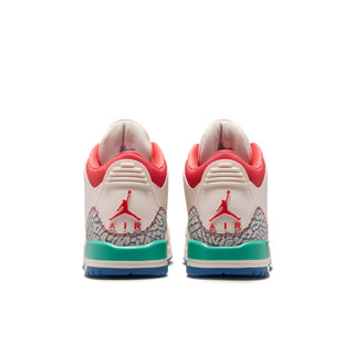 Youth sneakers rear view with red heel tabs, Air logo, teal midsole, and blue outsole