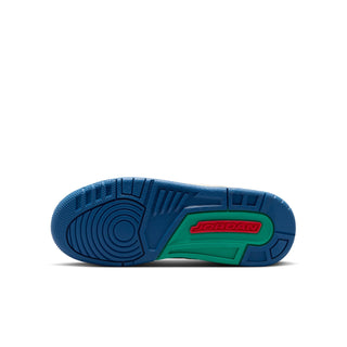 Youth sneaker outsole with blue tread and green panel, featuring Jordan branding