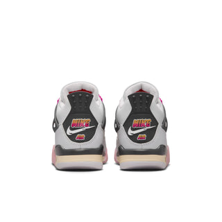 Youth sneakers, white with dark heel panels and Nike logo, rear view