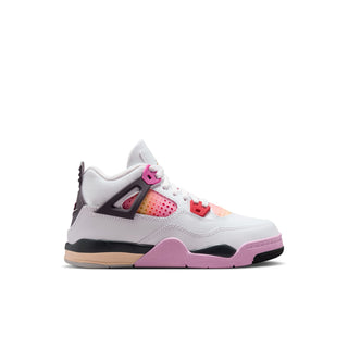 Kids retro basketball sneakers, white upper with pink accents and dark heel panel