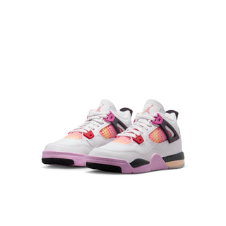 Kids retro basketball sneakers, white leather with pink, red, and tan details