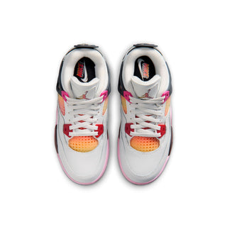 Kids sneakers showing white tongue and laces with pink and multicolor panel inserts