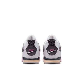 Kids sneakers back view, white with gray heel, pink collar, and tan midsole