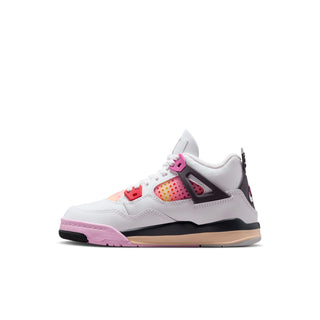 Kids retro sneakers, side view in white with pink lace loops and dark side panel