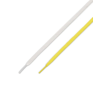 Pair of flat replacement shoelaces, white and yellow, long and untied