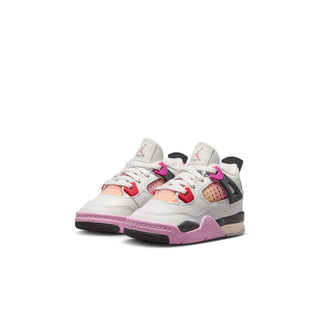 Toddler white sneaker with purple midsole, red and orange eyelets, and gray overlays