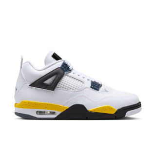 Men's white sneakers with black and navy accents, yellow midsole and Air window