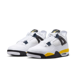 Pair of men's white sneakers with black heel accents, navy panels, yellow sole